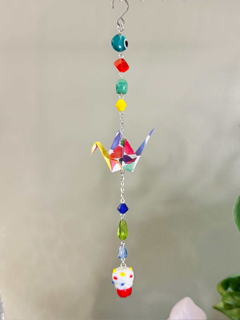Origami Ornament #2560 - Small Crane with Repurposed and New Glass Beads